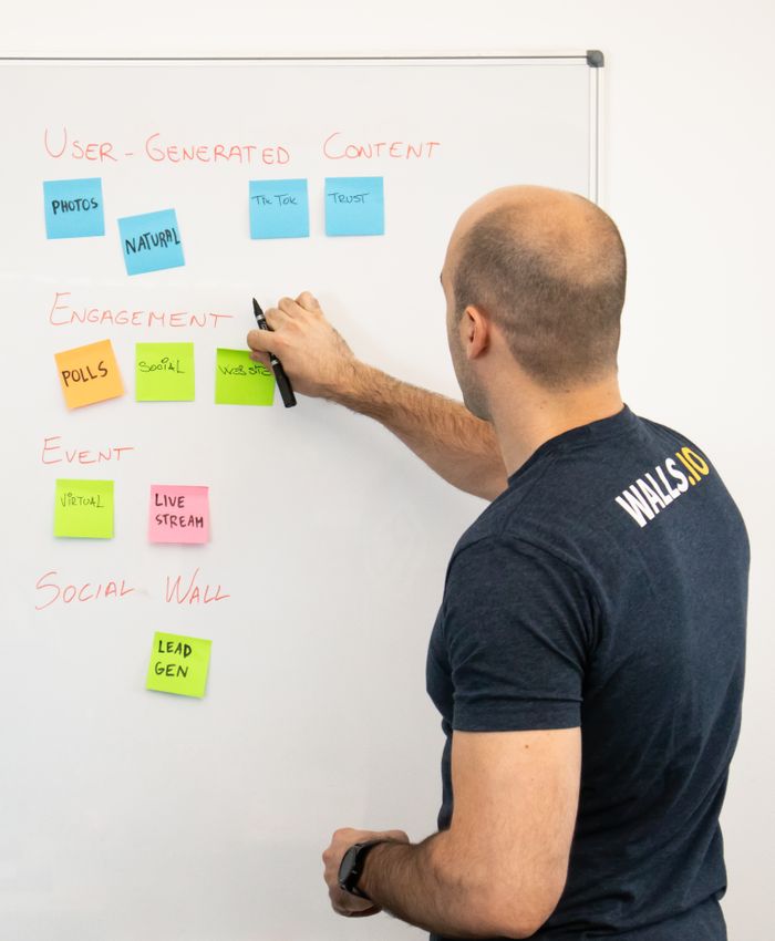 A man is reviewing marketing content strategies with sticky notes arranged on a whiteboard.